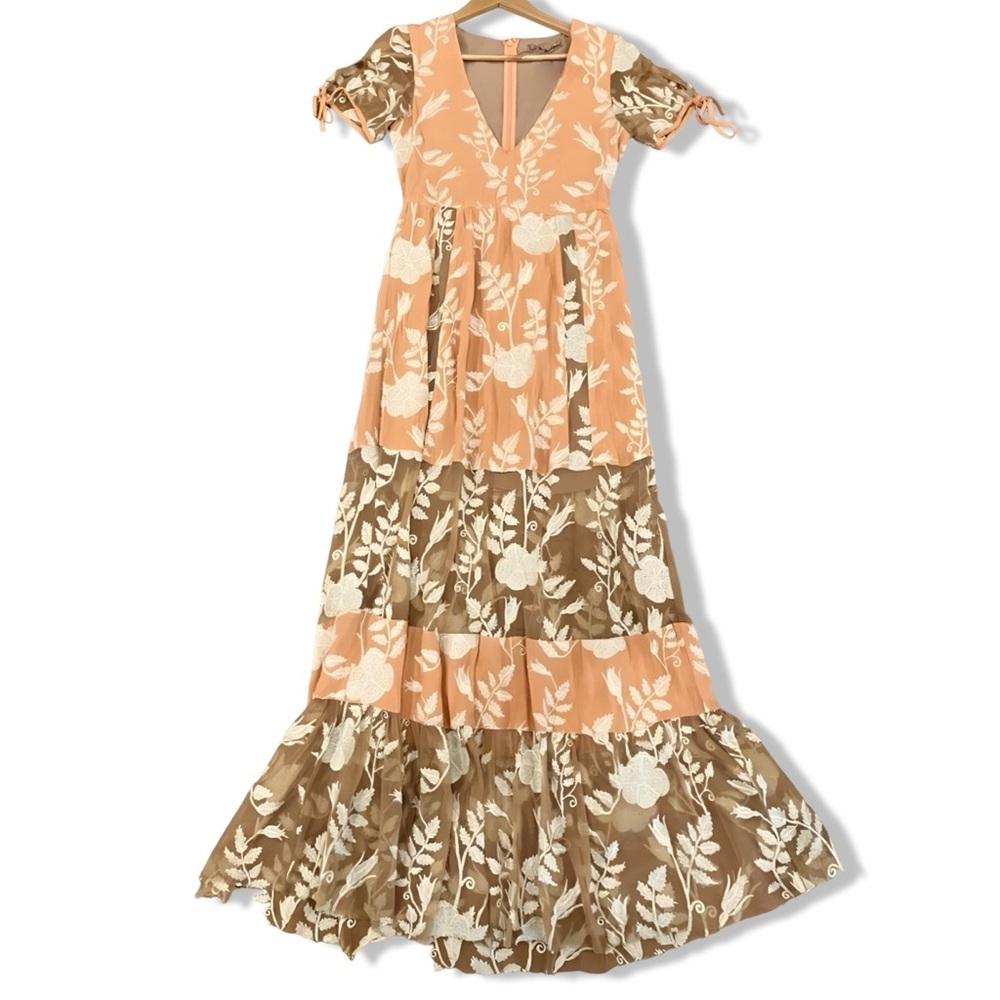 For Love and Lemons | Embroidered Plunge Mia Maxi Dress | Blush Peach Size S - Picture 11 of 14